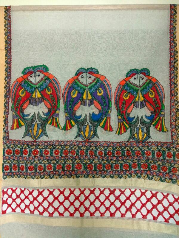Madhubani painted jute cotton dupatta